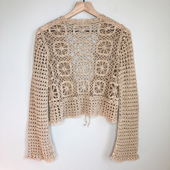 Vintage Crochet Flare Bell Sleeve Granny Square Tie Hand Knit Cardigan Shawl Top - Picture 4 of 5